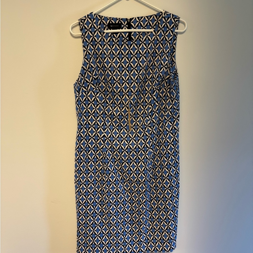 AB Studio Blue and White Geometric Midi Dress